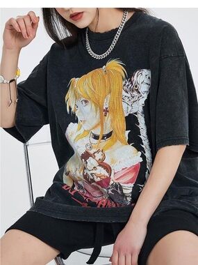 Black Graphic Tee with Yellow Anime Character
